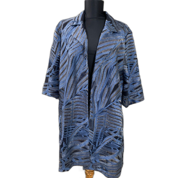 Travelers By Chico's Jackets & Blazers - Chico's Travelers Blue Whimsy Mesh Stripe Embroidered 3/4 Sleeve Jacket 3 US XL